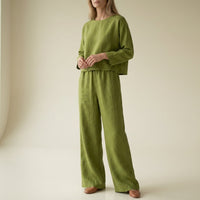 Damen-Set aus Leinen mit weitem Bein - Oliv