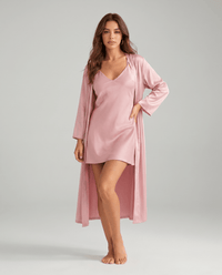 Damen-Set aus Satin-Camisole und Morgenmantel - Rosa