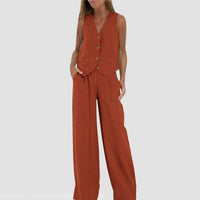Damen-Set aus Weste mit Knopfleiste und Hose mit weitem Bein - Orange