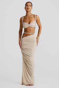 Damen Set mit Bustier-Oberteil und Maxirock mit geflochtenen Trägern und seitlicher Raffung - Aprikose
