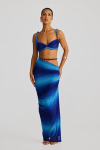 Damen Set mit Bustier-Oberteil und Maxirock mit geflochtenen Trägern und seitlicher Raffung - Blau