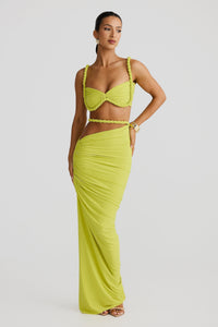 Damen Set mit Bustier-Oberteil und Maxirock mit geflochtenen Trägern und seitlicher Raffung - Grün