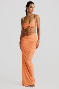 Damen Set mit Bustier-Oberteil und Maxirock mit geflochtenen Trägern und seitlicher Raffung - Orange