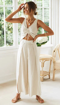 Damen Set mit Crop-Top und Hose mit Seitenschlitzen - Aprikose
