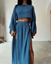 Damen Set mit Crop-Top und Maxirock mit Seitenschlitz - Blau