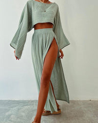 Damen Set mit Crop-Top und Maxirock mit Seitenschlitz - Grün