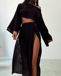 Damen Set mit Crop-Top und Maxirock mit Seitenschlitz - Schwarz