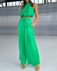 Damen Set mit Neckholder-Top und Hose - Grün