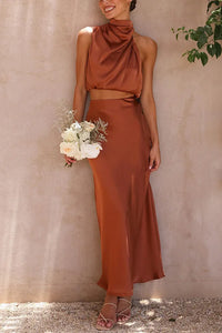 Damen Set mit Neckholder-Top und Midirock - Dunkelbraun