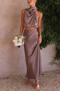Damen Set mit Neckholder-Top und Midirock - Lila