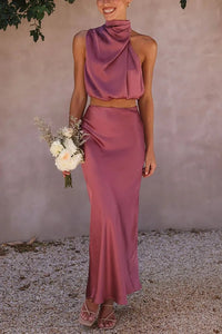 Damen Set mit Neckholder-Top und Midirock - Rosenrot