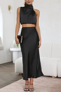Damen Set mit Neckholder-Top und Midirock - Schwarz