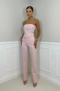 Damen Set mit Oberteil Paillettenbesatz und langer Hose - Rosa