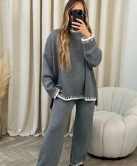 Damen-Set mit Rundhalsausschnitt-Pullover und langer Hose - Grau
