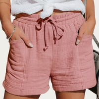 Damen Shorts mit elastischem Bund und Kordelzug sowie aufgesetzten Taschen und umgeschlagenen Säumen - Rosa