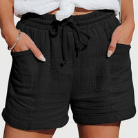 Damen Shorts mit elastischem Bund und Kordelzug sowie aufgesetzten Taschen und umgeschlagenen Säumen - Schwarz