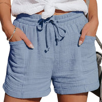 Damen Shorts mit elastischem Bund und Kordelzug sowie aufgesetzten Taschen und umgeschlagenen Säumen - Hellblau