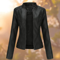Marlene | Damen Slim-Fit Bikerjacke Kunstleder Reißverschluss Stehkragen - Schwarz