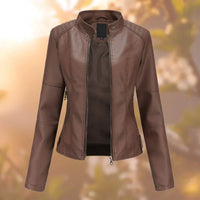 Marlene | Damen Slim-Fit Bikerjacke Kunstleder Reißverschluss Stehkragen - Dunkelbraun