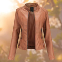 Marlene | Damen Slim-Fit Bikerjacke Kunstleder Reißverschluss Stehkragen - Braun