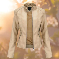 Marlene | Damen Slim-Fit Bikerjacke Kunstleder Reißverschluss Stehkragen - Beige