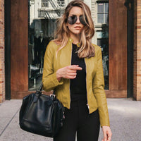 Sophie | Damen Slim-Fit Kunstleder Bikerjacke mit Reißverschluss - Gelb