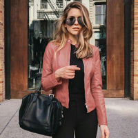 Sophie | Damen Slim-Fit Kunstleder Bikerjacke mit Reißverschluss - Hellrosa