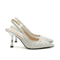 Damen-Slingback-Pumps mit spitzer Zehenpartie und gemustertem Obermaterial - Silber