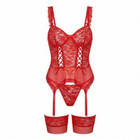 Sophie | Damen Spitzen-Korsett Dessous-Set mit Strumpfgürtel - Rot