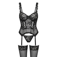 Sophie | Damen Spitzen-Korsett Dessous-Set mit Strumpfgürtel - Schwarz