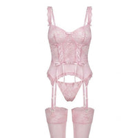 Sophie | Damen Spitzen-Korsett Dessous-Set mit Strumpfgürtel - Rosa