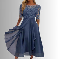 Charlotte | Damen Spitzen Midi Abendkleid Chiffon Formelles Kleid mit Halbarm - Blau
