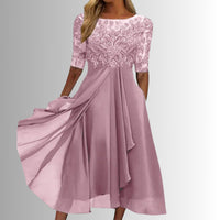 Charlotte | Damen Spitzen Midi Abendkleid Chiffon Formelles Kleid mit Halbarm - Rosa