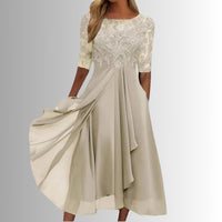 Charlotte | Damen Spitzen Midi Abendkleid Chiffon Formelles Kleid mit Halbarm - Creme