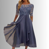 Charlotte | Damen Spitzen Midi Abendkleid Chiffon Formelles Kleid mit Halbarm - Lila