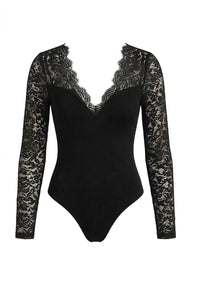 Damen Spitzenärmel Bodybluse mit tiefem Ausschnitt - Schwarz