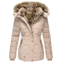 Damen Steppjacke mit Kunstfell-Kapuze und Reißverschluss - Beige