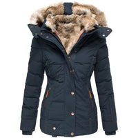 Damen Steppjacke mit Kunstfell-Kapuze und Reißverschluss - Blau