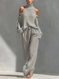 Damen Strick-Set mit Cold-Shoulder-Pullover und weitem Hosenbein - Grau