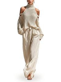 Damen Strick-Set mit Cold-Shoulder-Pullover und weitem Hosenbein - Beige
