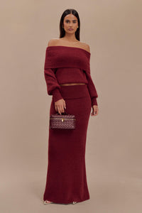 Damen Strick-Set mit Off-Shoulder-Ausschnitt Langen Ärmeln und Maxi-Rock - Burgunderrot