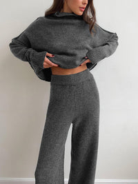Damen Strick-Set mit Rollkragenpullover und weiter Hose - Grau