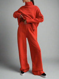 Damen Strick-Set mit Rollkragenpullover und weiter Hose - Rot