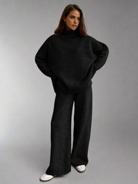 Damen Strick-Set mit Rollkragenpullover und weiter Hose - Schwarz