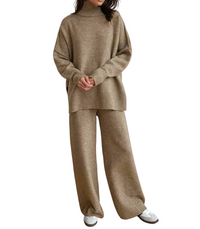 Damen Strick-Set mit Rollkragenpullover und weiter Hose - Beige