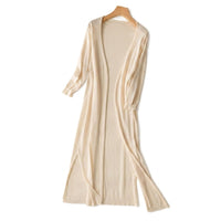 Damen-Strickjacke in langer Form mit offener Vorderseite und Seitenschlitzen - Beige