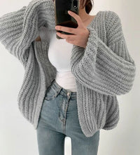Damen Strickjacke mit offener Front langen Ärmeln und Grobstrickoberfläche - Grau