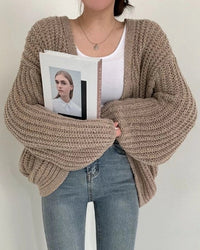 Damen Strickjacke mit offener Front langen Ärmeln und Grobstrickoberfläche - Khaki