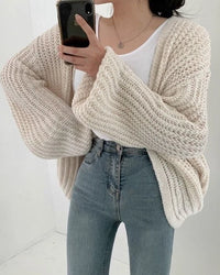 Damen Strickjacke mit offener Front langen Ärmeln und Grobstrickoberfläche - Weiß