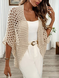 Damen Strickjacke mit Offener Front Weiten Ärmeln und Lochmuster - Beige